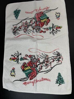 Vintage Retro Cannon Kitchen Towel Merry Christmas Santa In Sleigh